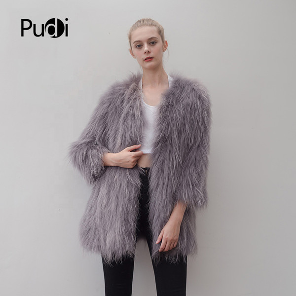 Pudi CT923 women Real raccoon fur coat jacket overcoat V-neck lady fashion winter warm genuine natural fur luxury outwear