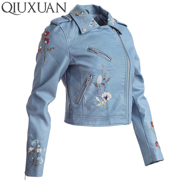 QIUXUAN Fashion Floral Embroidery Locomotive Jacket Women 2017 Spring Autumn Long Sleeve Loose Ladies Coats PU Leather Coat