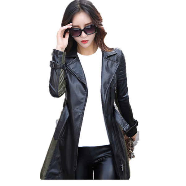 leather jacket women Autumn Winter Faux Leather Jackets Lady Long design Motorcycle Style Lady black green Trench Coat 6707