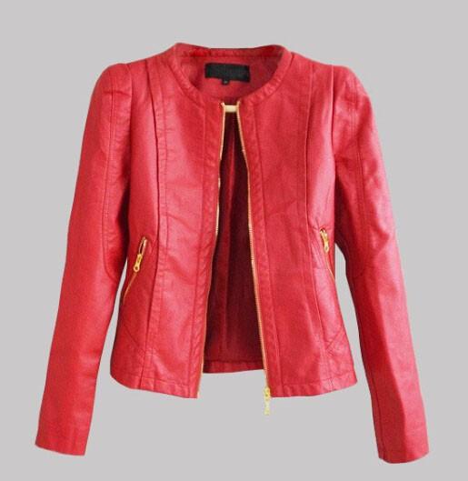 2016 New Autumn and Winter Women Fashion Slim Short O-neck Thick Red Navy-blue Beige PU Leather Jacket