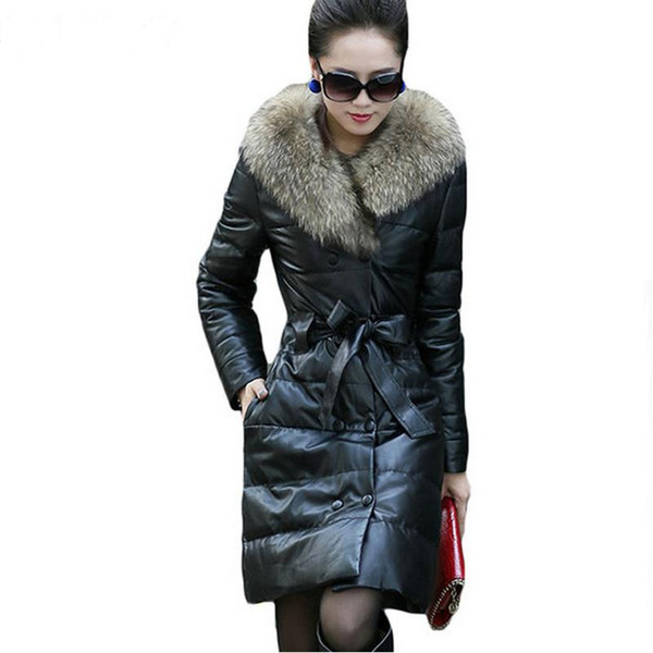 2017 autumn winter artificial raccoon fur Coats women's winter long leather clothing overcoat outerwear size S-4XL High quality