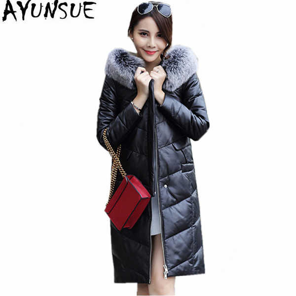 AYUNSUE 2017 Women Leather Down Jacket Warm Winter Coat Female Faux Fox Fur Collar Hooded Women's Jackets Jaqueta Couro WXF283