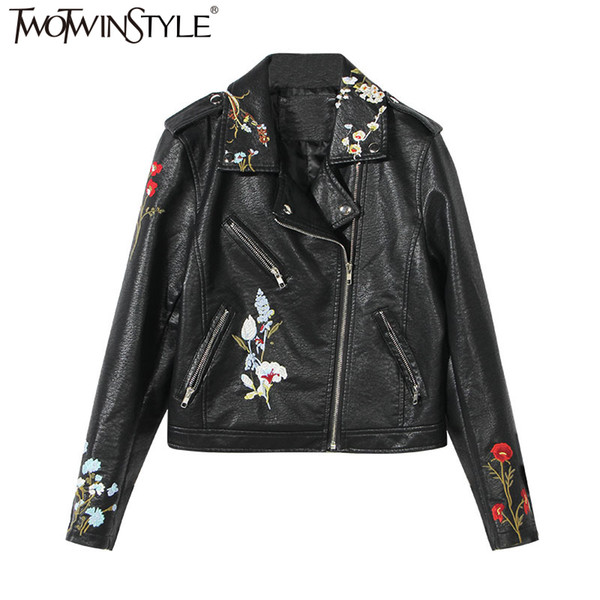 TWOTWINSTYLE Embroidery Floral Women's Leather Jacket Long Sleeve Black PU Coat Female Autumn Winter Casual Tops Large Big Sizes