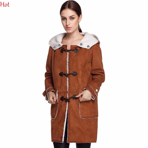 Women Leather Suede Coats Warm Hooded Fleece Slim Long Outwear Coat Vintage Pocket Horn Buttons Winter Jacket Outerwear YC001175