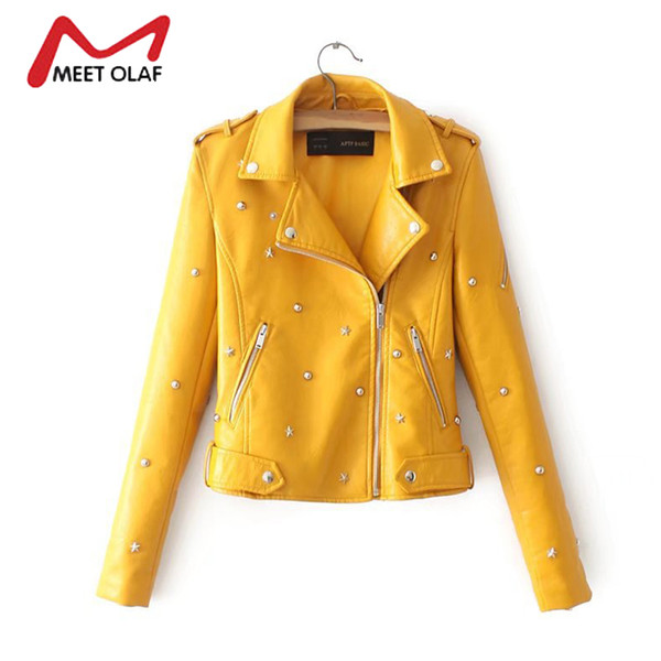 2017 Women Leather Coats New Fashion Stars Rivets Side Zipper Female Faux Leather Jackets Ladies Autumn Moto Biker Coat Y1382