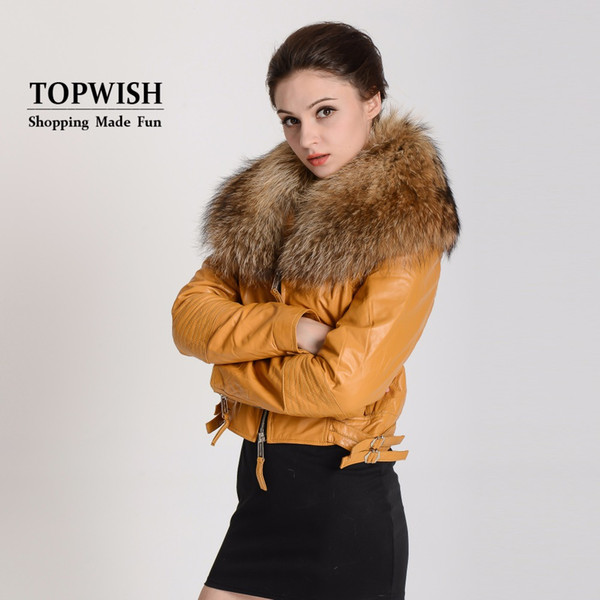 100% Genuine Leather and Fur Jacket Pure Luxury Real Fox Fur Collar Detachable Coat Women Overcoat OEM TAH165