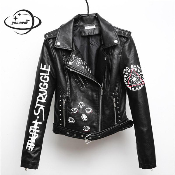 YAUAMDB women faux leather jacket 2018 spring autumn pu S-XL female coat hip hop clothing ladies print motorcycle outerwear y111