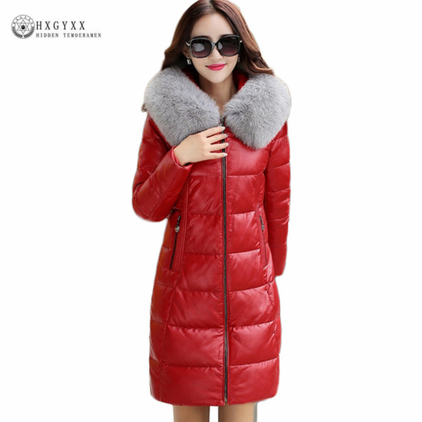 2017 Winter Women's Sheepskin Coat Plus Size Fox Fur Collar White Duck Down Genuine Leather Jacket Female Warm Outerwear Okb172