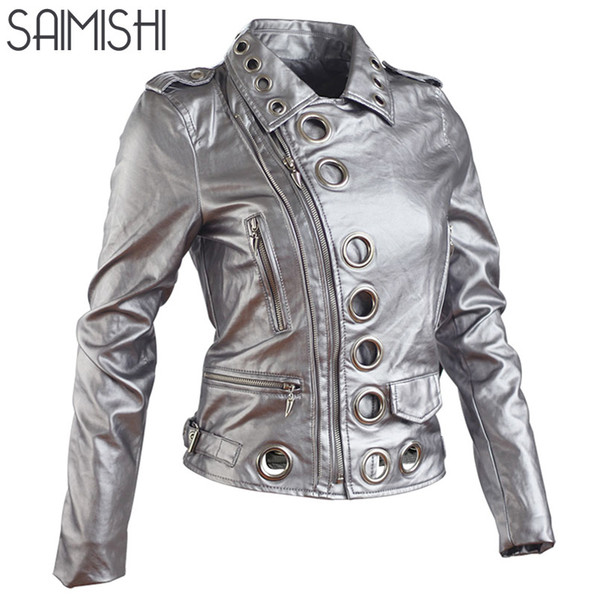 Saimishi Locomotive Jacket 2017 Autumn Fashion Hollow Out Women Coats Long Sleeve Slim PU Outwear Ladies Tops Silver Jacket