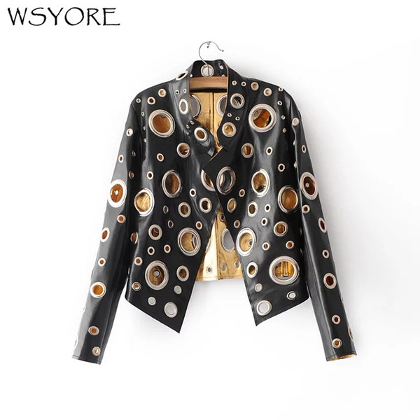 WSYORE Punk Style Rock and Roll Black Gold Silver Color Faux Leather Jacket 2018 New Women Autumn Hollow Out PU Jacket NS327