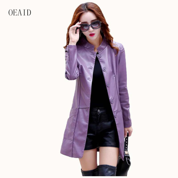 Plus size 3XL Fashion leather coat women leather jacket long 2017 spring ladies jackets and coats female purple jacket outerwear