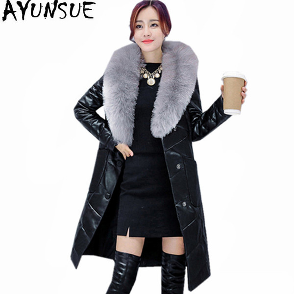 AYUNSUE Women's Down Jackets Warm Thick Winter Coat Female Fur Collar Leather Jacket Slim Women's Fur Coat Jaqueta Couro WXF284