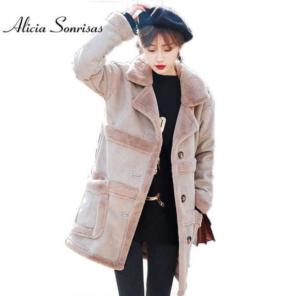 2017 New Shearling Sheepskin Coats Women Thick Suede Jackets Long Sleeve Overcoats Winter Lambs Wool Long Jacket Females 16015