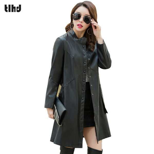 Spring and Autumn Women's Leather Coat Medium-Long Leather Jacket Women 2017 New Autumn Plus Size Outerwear black