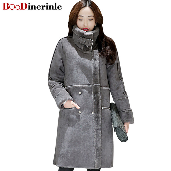 BOoDinerinle 2017 Winter Fashion Women Coat High quality Lapel collar Medium long Suede Fabric Coat Camel Loose Big XXL MY064