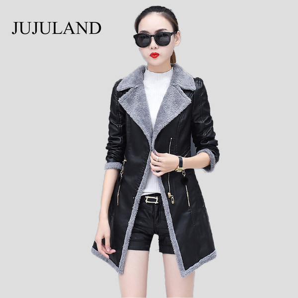 2017 Leather Jacket Women PU Leather Jacket Winter Long Sleeve V Neck Faux Sheepskin Coat Veste Cuir Femme Warm Women Clothing