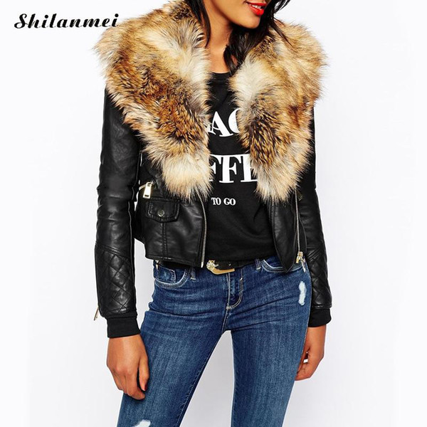 2017 Winter Warm Fur Collar Black PU Leather Jacket Women Motorcycle Long Sleeve Punk Plus Size Faux Fur Short Coat Rainproof