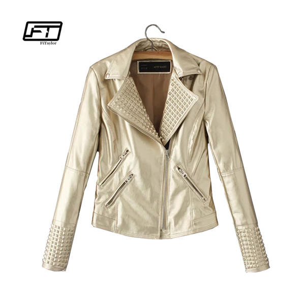 Fitaylor New Women Autumn Faux Leather Jacket Punk Short PU Slim Rock Biker Coat Rivet Motorcycle Coat Gold Pink Outwear