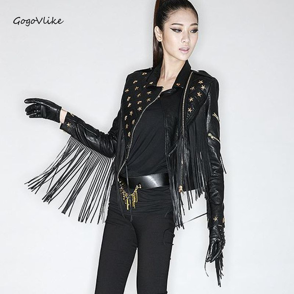 Tassel beading jacket shoulder pads rivet PU England style zipper black jacket PUNK leather quilting motorcycle coat LT100