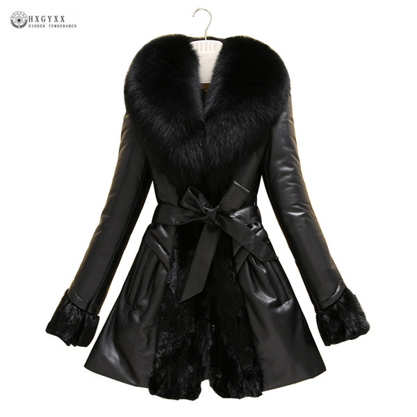 New Genuine Leather Winter Coat Large Fur Collar Belt Sheepskin Outerwear M-6XL Plus Size Leather Coat Warm Winter Jacket OK1090