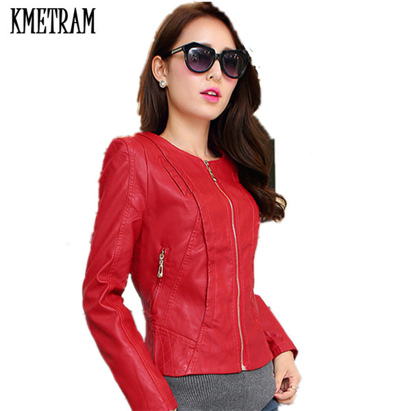 2017 New Fashion Autumn Winter Brand Women Motorcycle Leather Jacket Pu O-neck Leather Coat Casaco Feminino Red, Khaki A0304