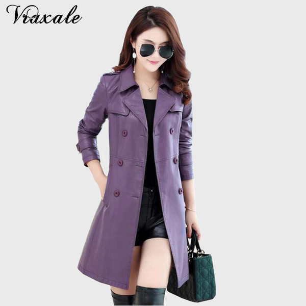 Vraxale 2017 Autumn Women's Plus Size Outerwear Medium-long Leather Female Jacket Suit Collar Double Breasted Leather Overcoat