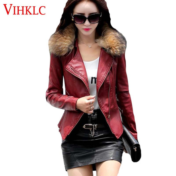 2017 High Quality Autumn Winter Women Brand Faux Soft Leather Jackets Coat Fur Collar Detachable Plus Size M-5XL H278