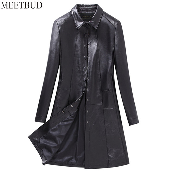 MEETBUD 2017 new women genuine leather long jacket spring autumn female motorcycle sheepskin casual slim coats turn-down collar