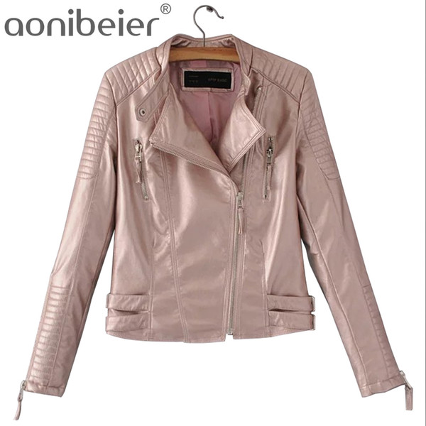 Aonibeier Gold Silver Bright Ladies Coat Fashion Cool Mandarin Collar Locomotive Jacket 2017 Autumn Slim Long Sleeve Short Tops