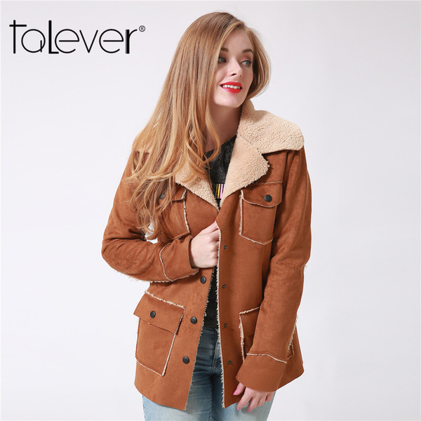 Autumn Winter Women Suede Jackets 2017 Long Sleeve Safari Pocket Faux Leather Patchwork Lambswool Female Warm Coat 4XL Talever