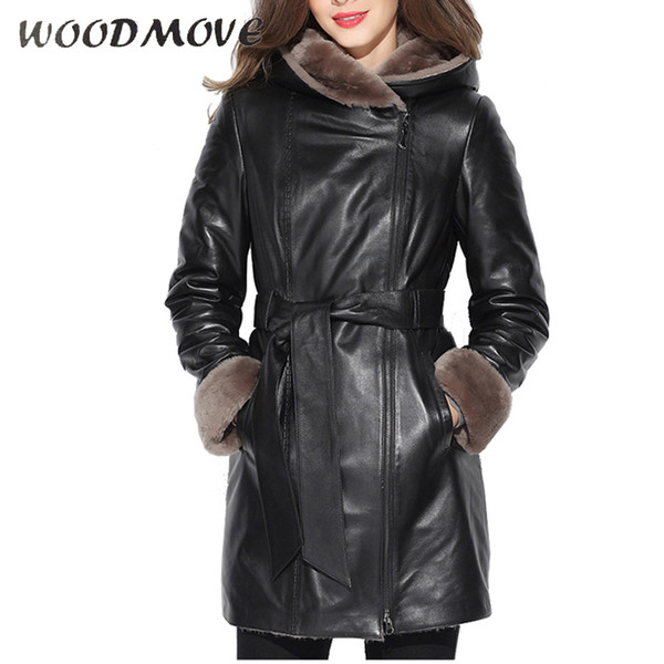 Women Genuine Leather Jacket Ladies Shearling Full Sleeve Hooded Wool Jackets Adjustable Waist Zippers Winter Coats