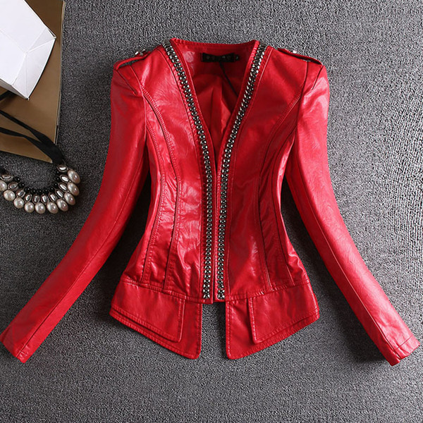 2019 spring autumn leather coat women red new slim PU leather coat motorcycle jacket women female outerwear coats black