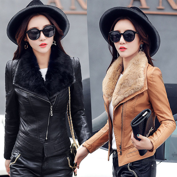 New Autumn Winter Woman Pu Leather Jacket Warm Large Fur Collar Faux Soft Motorcycle Jacket Women Leather Coats Fringe