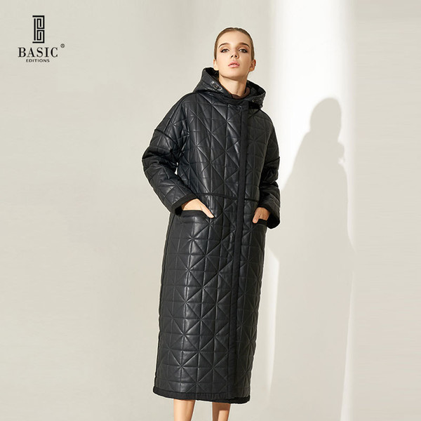 Basic Editions Women Winter Faux Leather Detachable Hood Wide Shoulder Long Parka Coat Leatherette Jacket - ZM701085