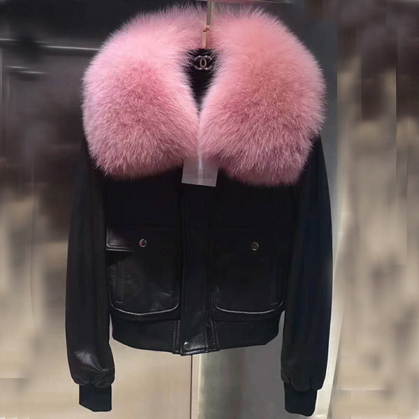 Women's winter Sheepskin Real Leather jacket big fox fur collar lamb skin Genuine Leather Jacket