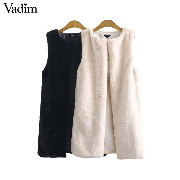 Vadim women winter faux fur long vest thick warm waistcoat solid pockets sleeveless jacket casual chic outerwear tops MA011