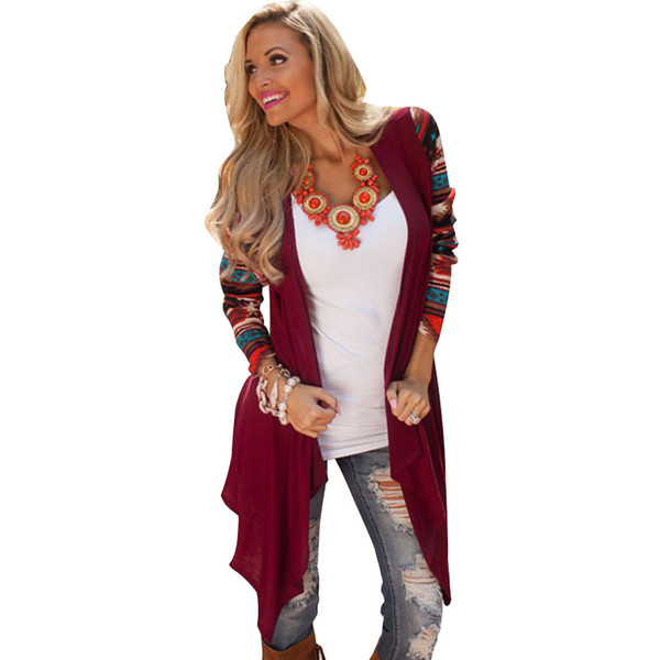 Wholesale- Women Tops Fashion Long Cardigan Female Stylish Long Sleeve Cardigans Tribal Print Asymmetrical Cardigan Women Plus Size S-5XL