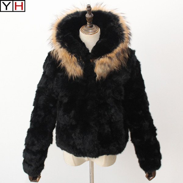 Winter Women real rabbit jacket warm full pelt rabbit fur coat lady with hooded short fur jacket coat 