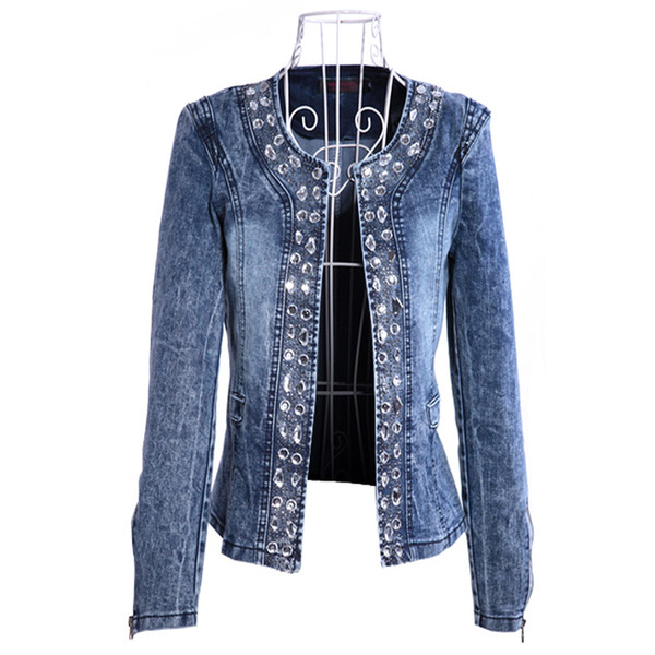 Wholesale- LinsDenim Jacket Coat Women Denim Big Size Top Jacket With Rhinestone Sequins O-neck Denim Female Basic Jackets