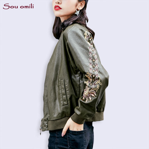 Wholesale- Embroidery Spike Green Bomber Leather Jacket Women Brown Jacket Moto Coat jaquetas couro Casaco chaquetas Jacket Chain Punk