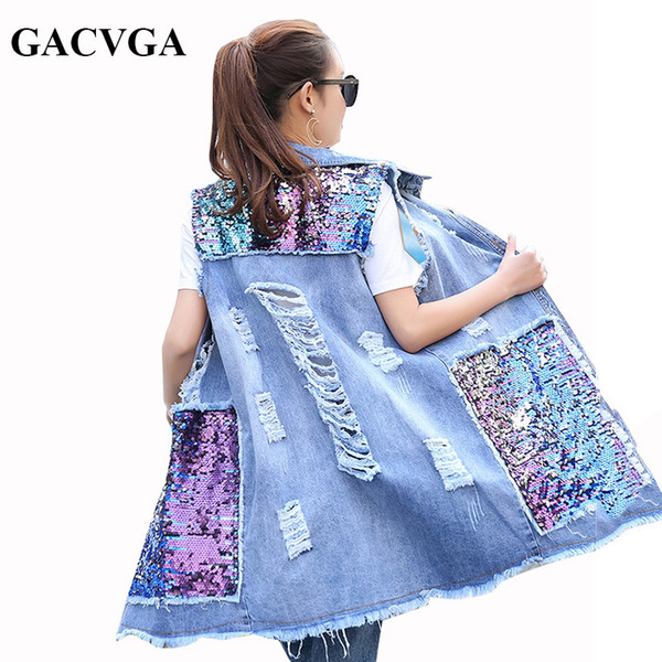 Wholesale- GACVGA 2017 Spring Autumn Long Cardigan Denim Jacket Sequined Sleeveless Jeans Jacket Women Hole Coats Plus Size Outwear