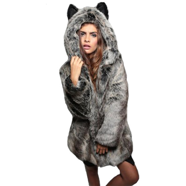 Fashion Faux Fur Coat Winter Women Winter Jacket For Women's Plus Size Long Sleeve Pocket Hooded Ear Cartoon Plush Coat