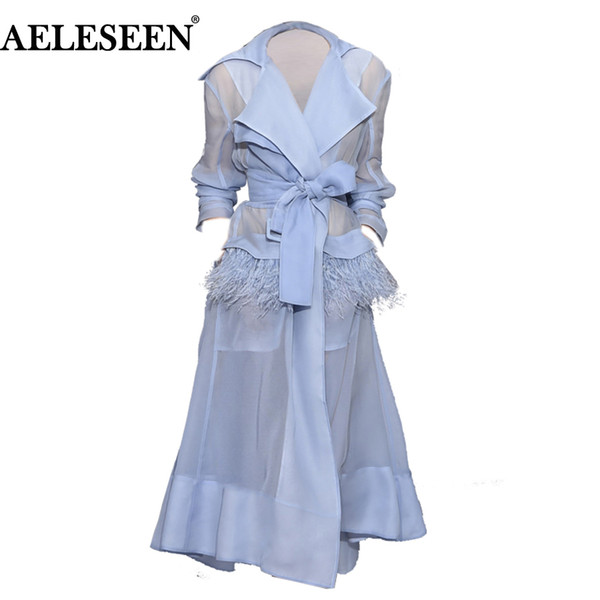 AELESEEN Designer Runway New Trench Coat Fashion Elegant with Lining Tassel long Sleeve Office Feather UK Windbreaker Women