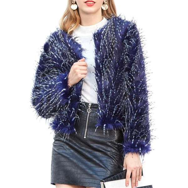 Women's Blue Peacock Fluffy Shaggy Faux Fur Coat Winter Warm Fashionable Cardigan Jacket Lady Outwear Tops 2019 Brand New