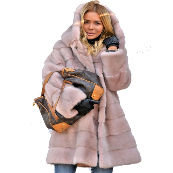 Roiii Long Sleeve Hooded Pink Faux Fur Coat Thicken Warm Winter Jackets Coat Fashion Streetwear Women Long Parka Outerwear