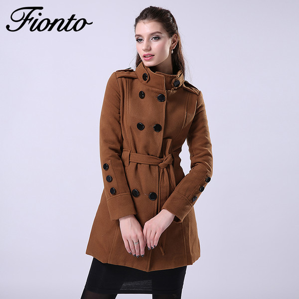 FIONTO 2016 New Women Trench Woolen Coat Winter Slim Double Breasted Overcoat Winter Coats Long Outerwear for Women F014