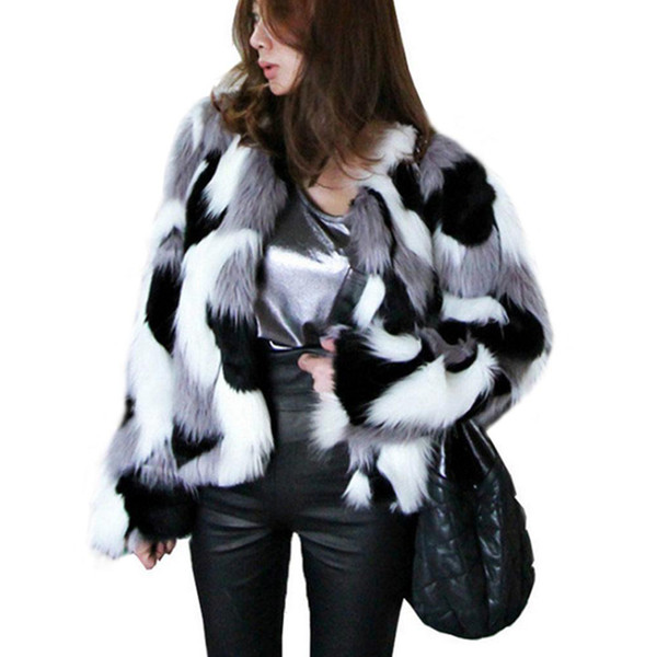 Winter New Imitation Fur Jacket Coat Big size Women's Loose Round Neck Short Ladies Mixed Color Coat Size XS-6X Outerwear 7F1373