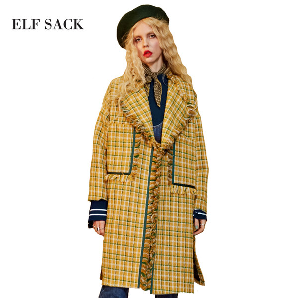 ELF SACK Women Wool Blend Coats British Grid Long Coat Womens Vintage Plaid Pockets Turn Down Collar Elegant Tassel Outerwear