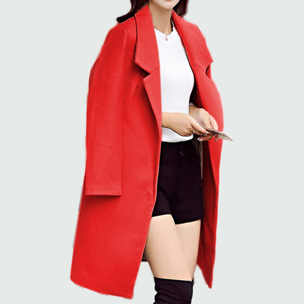 Woolen Coat 2017 New Arrival Long Winter Coat Women Turn-down Collar Covered Button Slim Office Lady Red Female Overcoat