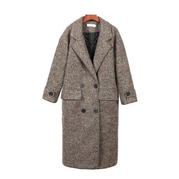 UK 2017 Fall/ Winter Simple Woolen Double breasted Maxi long Coat Women Notched Lapel Pockets Overcoat Warm lining manteau femme